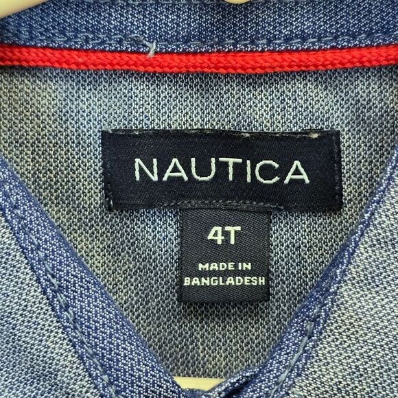 Nautica Boys 4T Blue Chambray Colorblock Short Sleeve Collared Button-Up Shirt - Picture 11 of 13